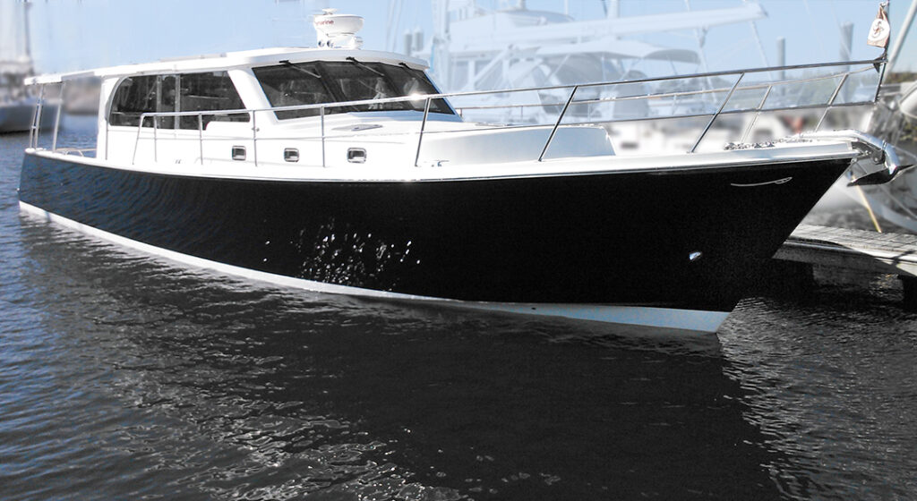 Shannon 46 SRD, fast twin engine power motor yacht with patented hull combines shallow draft and fuel economy with extraordinary performance in rough weather.